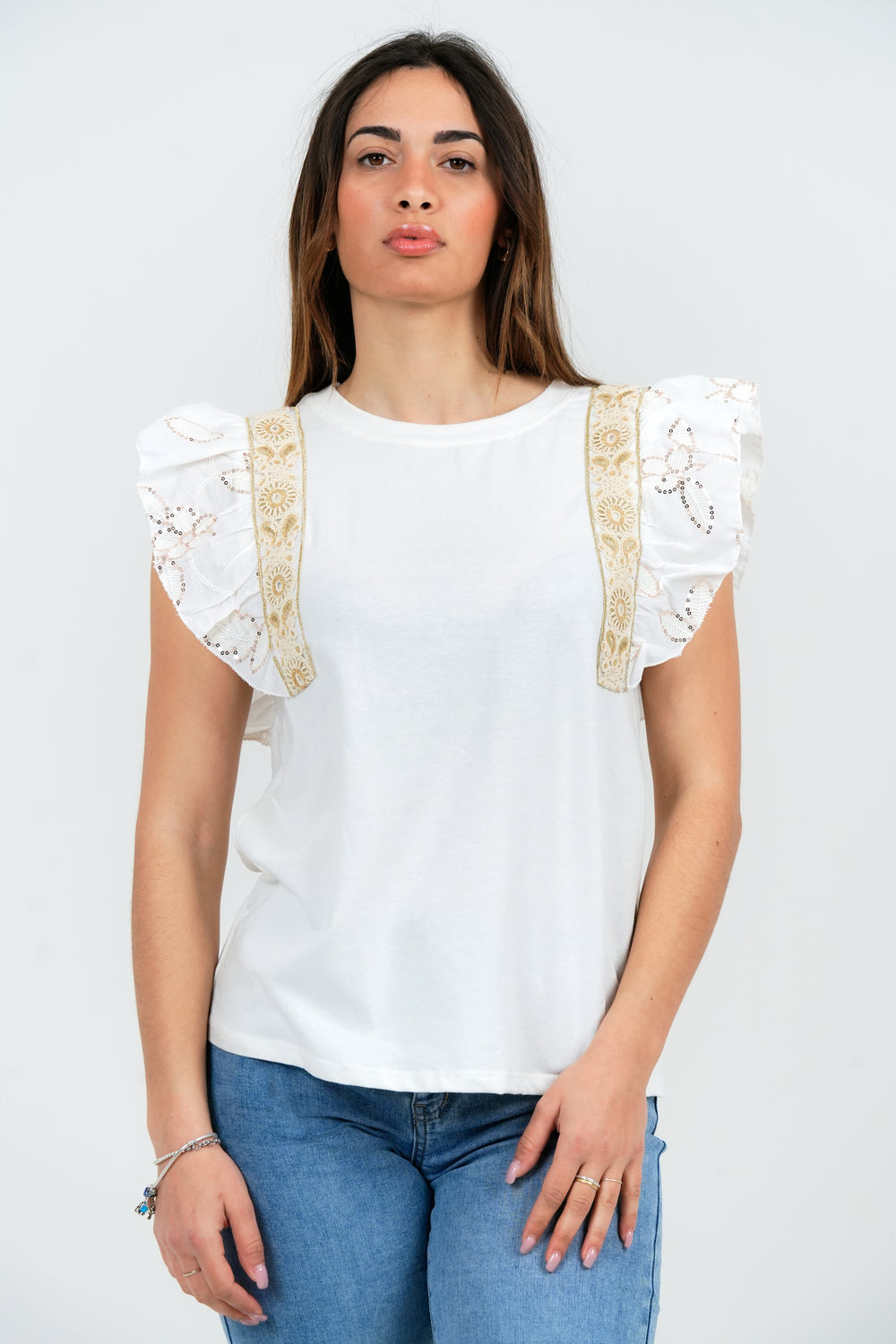 MAGLIA DONNA SMANICATA CON BALZE RICAMATE E PAILLETTES 32562