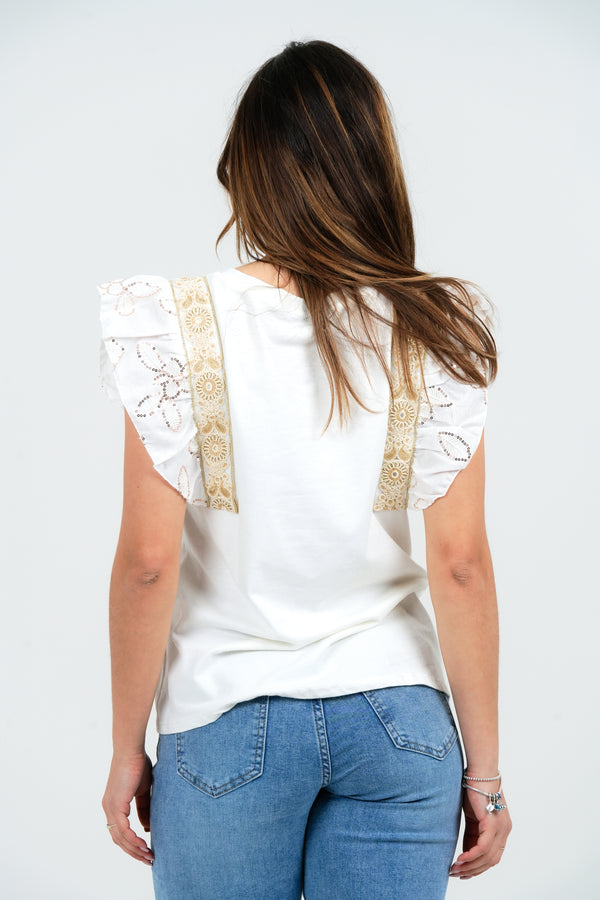 MAGLIA DONNA SMANICATA CON BALZE RICAMATE E PAILLETTES 32562