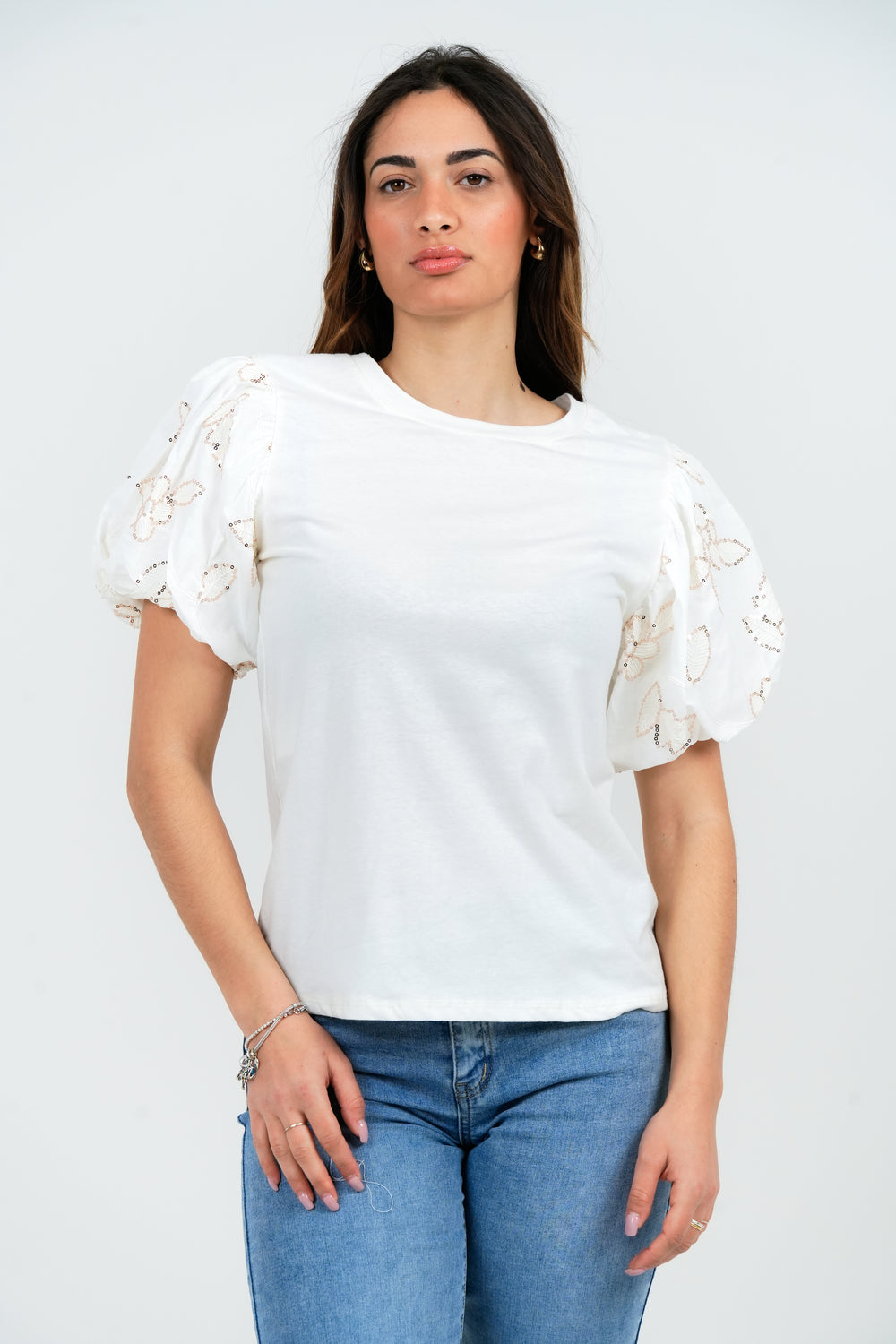 T-SHIRT DONNA MANICA CORTA A PALLONCINO E FIORI PAILLETTES FIORENZA AMADORI 32565