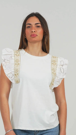 MAGLIA DONNA SMANICATA CON BALZE RICAMATE E PAILLETTES 32562